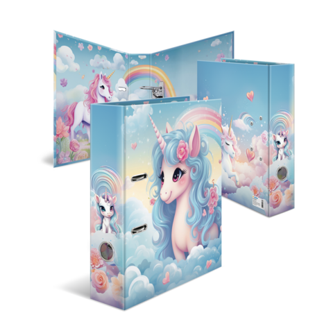 Bunte Ordner mit Einhornmotiven, Regenbögen und Wolken, ideal für Kinder oder kreative Projekte.