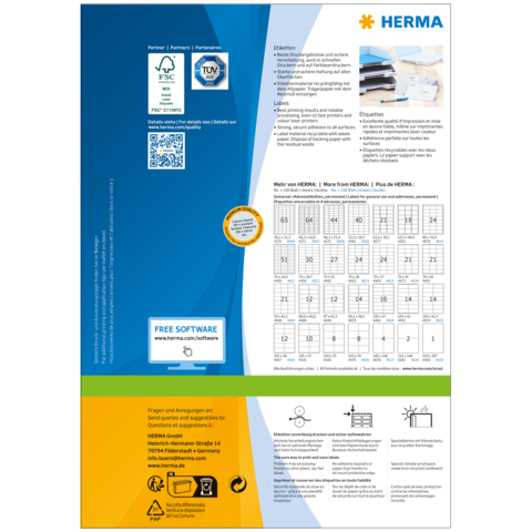 Produktinformation von HERMA, einschließlich QR-Code, Software-Hinweis und Tabelle mit Größenangaben für Etiketten.