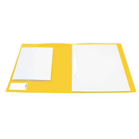 Gelbe Ordner mit einem leeren Blatt Papier und einer Tasche auf der linken Seite. Der Ordner ist geöffnet und zeigt die Innenseite.