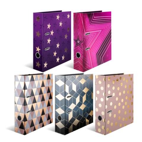 Fleurige mappen in verschillende ontwerpen, waaronder geometrische patronen en sterren, gerangschikt in twee rijen.