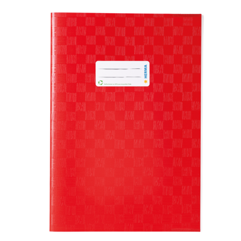 Rotes Notizbuch mit einem weißen Etikett auf der Vorderseite, das Platz für einen Namen und eine Beschreibung bietet.