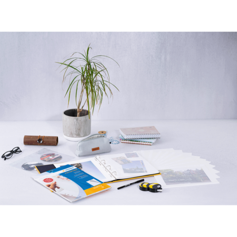 Schreibtisch mit Büromaterialien, darunter Papier, Stifte, eine Brille, ein Pflanze und ein Federmäppchen.