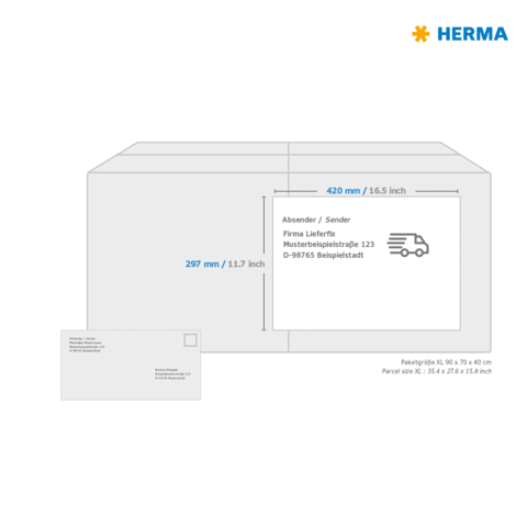 Versandkarton mit Abmessungen von 420 mm x 297 mm. Enthält Adressfeld für Absender und Empfänger. Markenlogo oben rechts.
