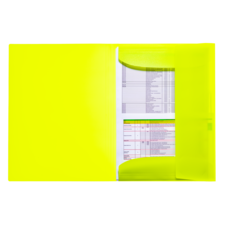 Gelbe Kunststoffmappe mit einem Dokument, das Tabellen und Daten enthält, sichtbar durch die transparente Vorderseite.