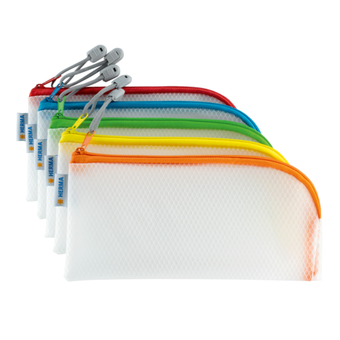 Sechs bunte Federmäppchen in verschiedenen Farben, angeordnet von links nach rechts, mit Reißverschlüssen und einem transparenten Design.