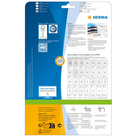 Rückseite einer Verpackung von HERMA mit Informationen zu Etiketten, Software und Anwendungshinweisen. Enthält QR-Code und Symbole.