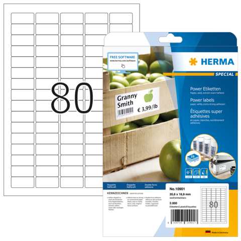Packung mit selbstklebenden Etiketten, die eine Abbildung von Granny Smith Äpfeln und Preisangaben zeigt. Enthält 2000 Etiketten.