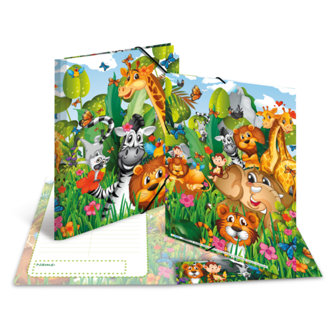 Bunte Ordner mit cartoonhaften Tieren wie Giraffen, Löwen, Zebras und Affen, umgeben von Blumen und Bäumen in einer lebhaften Landschaft.