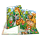 Bunte Ordner mit cartoonhaften Tieren wie Giraffen, Löwen, Zebras und Affen, umgeben von Blumen und Bäumen in einer lebhaften Landschaft.