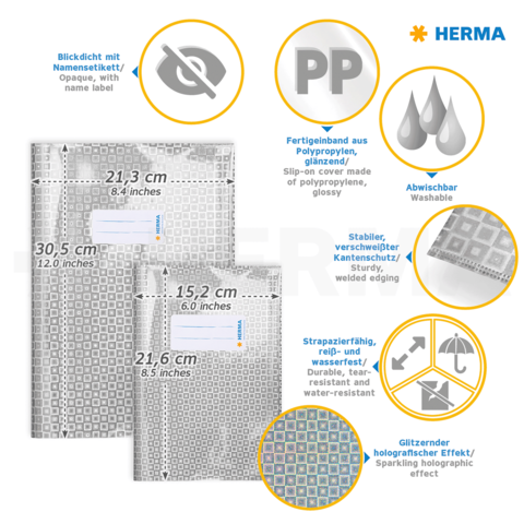 Transparente, abwaschbare Polypropylen-Hüllen mit holografischem Effekt, stabiler Kantenverarbeitung und verschiedenen Größenangaben.