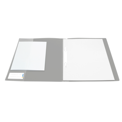 Grauer Ordner mit einer leeren Innenseite und einem zusätzlichen Blatt Papier auf der linken Seite.