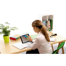 Eine Frau sitzt an einem Schreibtisch und nutzt ein Tablet, während sie auf den Bildschirm tippt. Im Hintergrund sind Bücher und eine Pflanze sichtbar.