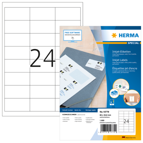 Ein Blatt mit 24 leeren Etiketten und einer Verpackung für Herma Inkjet-Etiketten, die Software zur Gestaltung anbietet.