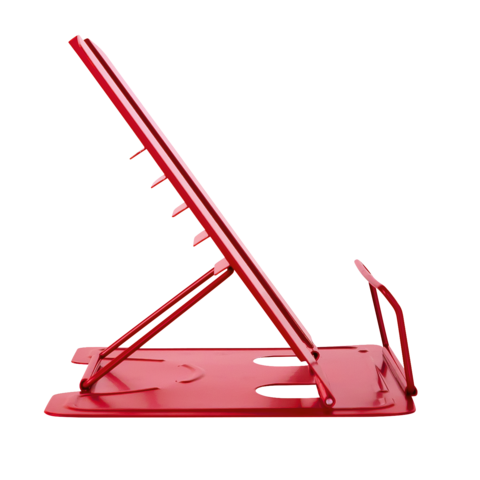 Roter Laptop-Ständer in aufrechter Position, mit mehreren Einstellmöglichkeiten für verschiedene Betrachtungswinkel.