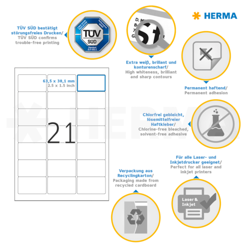 TÜV SÜD bestätigt störungsfreies Drucken. Enthält Informationen zu Etikettenformat, Haftung und Recycling.