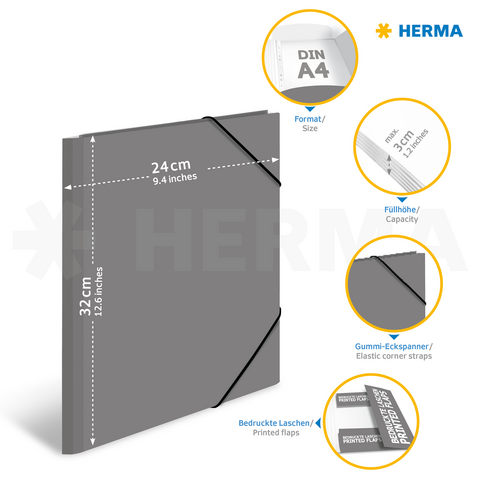Grijze A4-map met elastische rubberen banden, 24 cm breed en 32 cm hoog, met bedrukte tabs en capaciteitsindicatie.