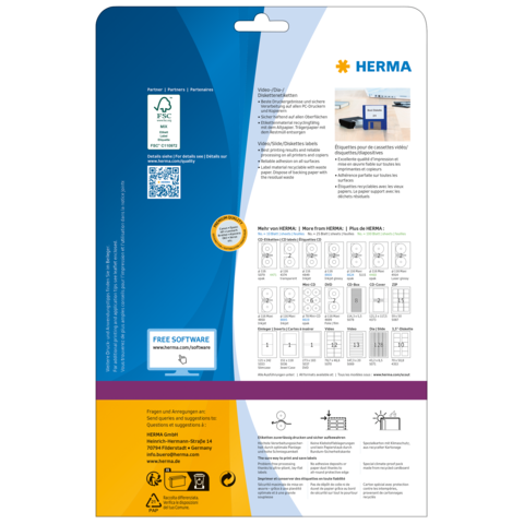 Produktverpackung von HERMA mit Informationen zu Software und Anwendungshinweisen. Enthält QR-Code und verschiedene Diagramme zur Nutzung.