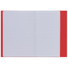 Ein offenes Notizbuch mit linierten Seiten und rotem Einband. Die Seiten sind leer und bereit zum Beschreiben.