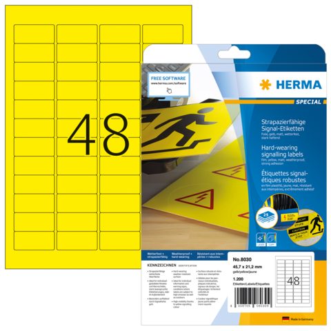Gelbe Signaletiketten mit 48 Etiketten pro Bogen, verpackt in einer transparenten Hülle. Robuste, strapazierfähige Materialien.