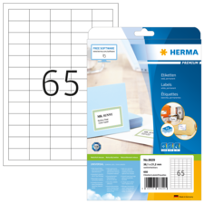 Etikettenpackung von Herma mit 65 Etiketten, inklusive Beispieletikett für "MR. SUNNY" und Informationen zur Software.