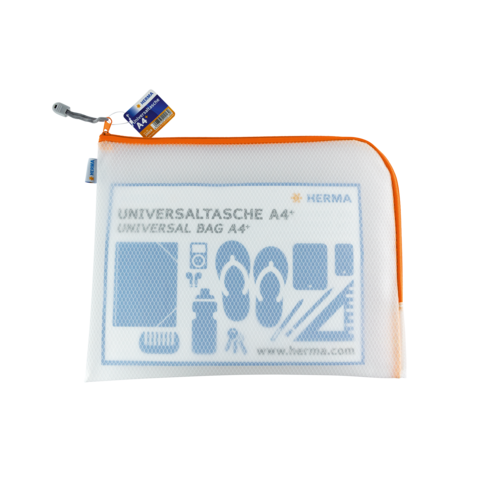 Transparente Universaltasche A4 mit orangefarbener Reißverschluss, beschriftet mit verschiedenen Symbolen und der Aufschrift "UNIVERSALTASCHE A4".