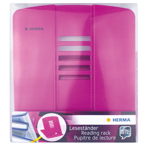 Rosa Leseständer aus Metall mit mehreren Lüftungsschlitzen, verpackt in einer transparenten Hülle.