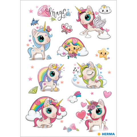 Bunte Einhörner in verschiedenen Posen, umgeben von Wolken, Regenbögen, Herzen und Sternen. Enthält den Text "Magic".
