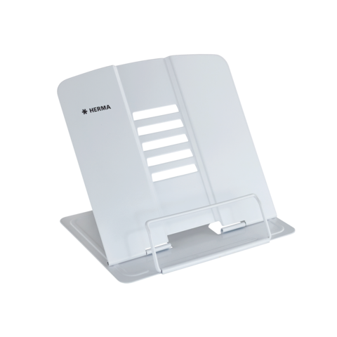 Ein weißer Dokumentenständer mit mehreren Lüftungsschlitzen und einer stabilen Basis, geeignet für die Aufbewahrung von Unterlagen.