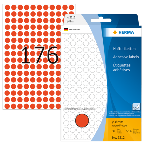 Runde, rote Haftetiketten auf einem Bogen mit der Nummer 176. Verpackung zeigt 32 Etiketten, Durchmesser 8 mm, von der Marke HERMA.