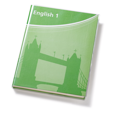 Grünes Buch mit dem Titel "English 1" und einer schematischen Darstellung einer Brücke im Hintergrund.