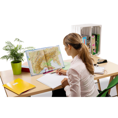 Eine Person sitzt an einem Schreibtisch und studiert eine Landkarte, während sie Notizen in ein Heft macht. Pflanzen und Ordner sind im Hintergrund sichtbar.