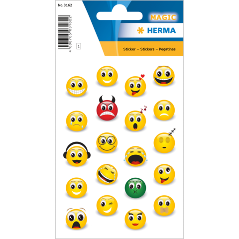 Aufkleber mit verschiedenen gelben Emojis, darunter lächelnde, wütende und verliebte Gesichter, sowie ein grünes und ein blaues Emoji.