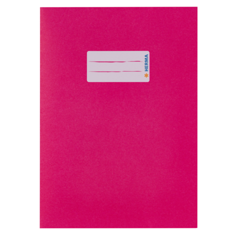 Rosa Heft mit einem weißen Etikett oben, auf dem "HERMA" steht.