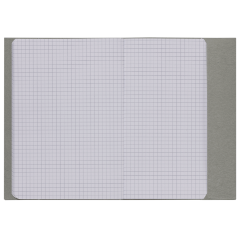 Grau gebundenes Heft mit kariertem Papier, das aufgeschlagen ist und leere Seiten zeigt.