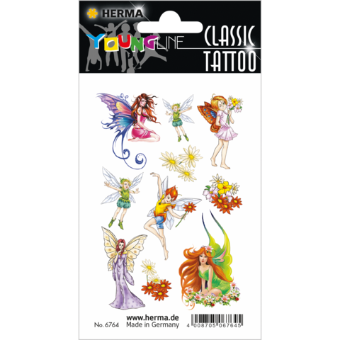 Bogen mit temporären Tattoos, darunter Feen, Blumen und Mädchen in bunten Kleidern. Ideal für Kinder und kreative Gestaltung.