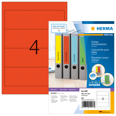 Bunte Ordneretiketten mit der Aufschrift "Marketing", "Controlling", "Rechnungen" und "Vertrieb", verpackt in einer blauen Box.