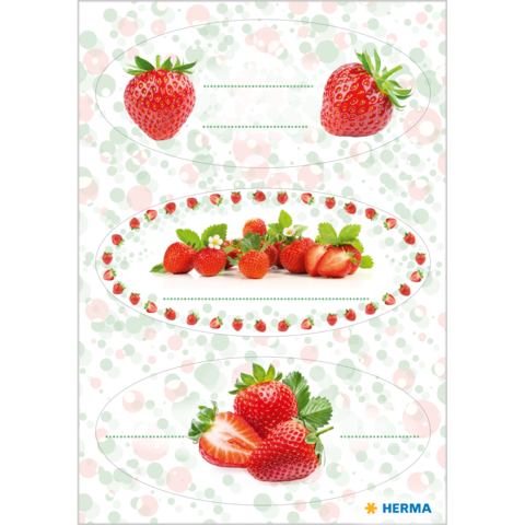 Drei verschiedene Erdbeermotive in ovalen Rahmen, mit frischen Erdbeeren und grünen Blättern, auf einem bunten Hintergrund.