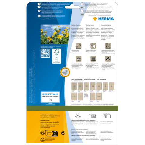 Rückseite einer Verpackung mit Informationen zu HERMA Produkten, einschließlich Anweisungen und Symbolen für die Verwendung.
