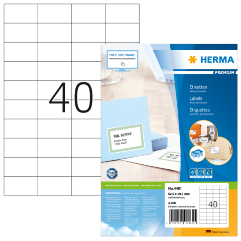 Etikettenpackung mit 40 selbstklebenden Etiketten, inklusive Beispieletikett "MR. SUNNY" und Hinweis auf kostenlose Software.