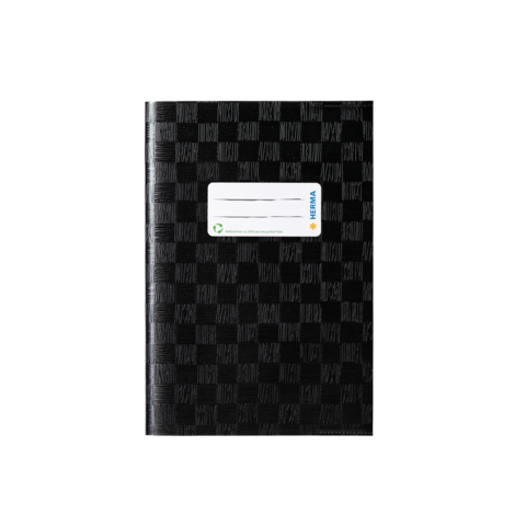 Schwarzes Notizbuch mit einem karierten Muster und einem weißen Etikett auf der Vorderseite.