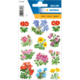 Bunte Blumenaufkleber in verschiedenen Designs, darunter Geranien, Veilchen und andere florale Motive auf einem Stickerbogen.