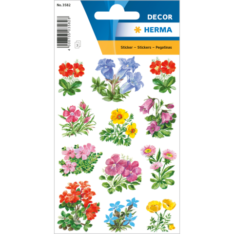 Bunte Blumenaufkleber in verschiedenen Designs, darunter Geranien, Veilchen und andere florale Motive auf einem Stickerbogen.