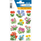 Bunte Blumenaufkleber in verschiedenen Designs, darunter Geranien, Veilchen und andere florale Motive auf einem Stickerbogen.