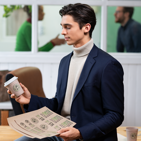 Een jonge man in een blazer houdt een koffiebeker en een map met documenten vast. Op de achtergrond zijn twee personen met elkaar in gesprek.