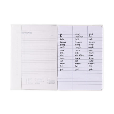 Eine offene Seite eines Notizbuchs mit einer Liste unregelmäßiger englischer Verben und ihren Vergangenheitsformen.