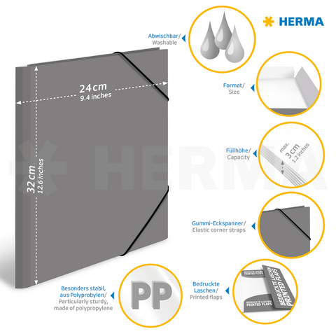 Grijze map met elastische hoeken, afwasbaar, 24 cm x 32 cm, van polypropyleen, met bedrukte tabs en stevige constructie.