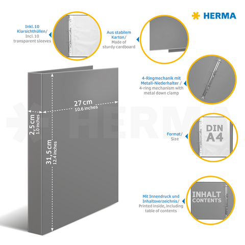 Grijze map met 4-ringmechanisme, 10 doorzichtige hoezen en binnenafdruk. Formaat: A4, afmetingen: 27 x 31,5 cm.