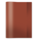 Ein braunes, glänzendes Heft oder Buch, das leicht geöffnet ist und auf einem dunklen Hintergrund liegt.