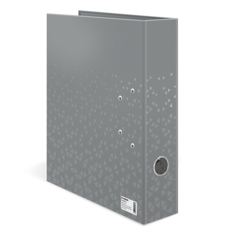 Grauer Ordner mit einem geometrischen Muster und einem runden Loch an der Seite, geeignet für die Aufbewahrung von Dokumenten.