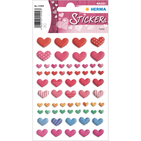 Bunte, gepolsterte Herzaufkleber in verschiedenen Farben und Mustern auf einem Bogen. Ideal für Dekorationen oder Bastelprojekte.